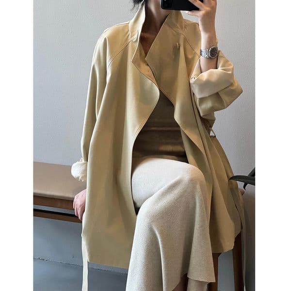 Women Autumn Khaki Trench Coat Stand Collar Loose Style With Belt Casaco Feminino Femme 251216