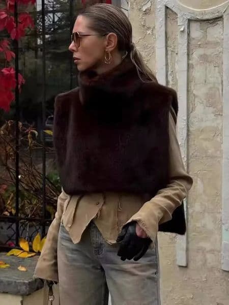 Turtleneck Eco Mink Fur Tank Tops Women Autumn Winter Sleeveless Fluffy Jacket Coat 2026 Fashion Faux Sable Vest Crop Top 251212