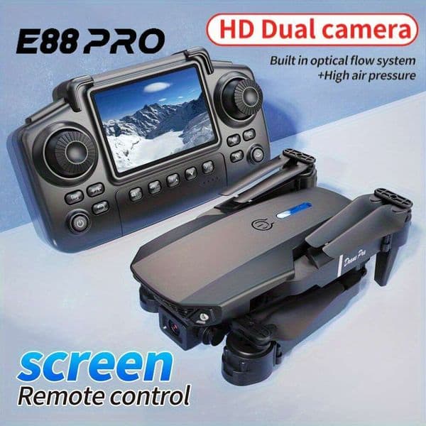New E88 Drone Features An HD Dual Camera Built-In Screen, Eliminating The Need For Phone. It Offers One-Key Takeoff Landing, Wifi App Control, USB