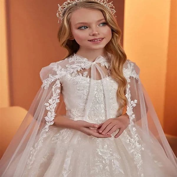 Cape Fluffy Shiny Flower Girl Dress Sleeveless For Wedding Lace Tulle with Elegant Princess First Communion Birthday Gowns 251216