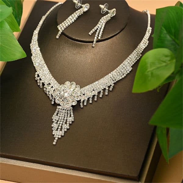 Gold Silver Jewelry Set for Women Trendy Prom CZ Flower Neckalce Drop tassel Earrings Set Wedding Gifts