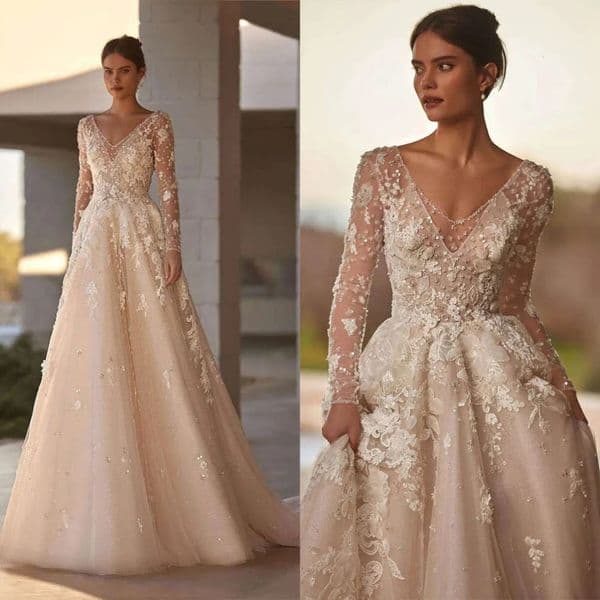 Wedding Dresses Romantic A E V Neck Appliques Sequined Sleeve Or Length Long Bridal Gown Vestido De Novia Custom Made ppliques estido 1217