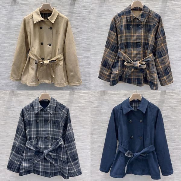 Women Cropped Trench Coat Designer Chic Reversible Jacket Street Style Plaid Coat With Belt