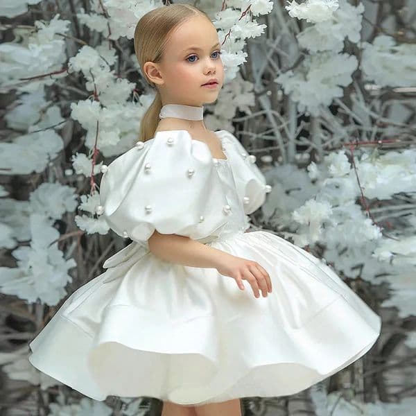 2026 New Girls Party Dresses Big Puff Sleeve Dress For Kids Beading White Evening Gowns Children Birthday Wedding Performance Clothes Toys