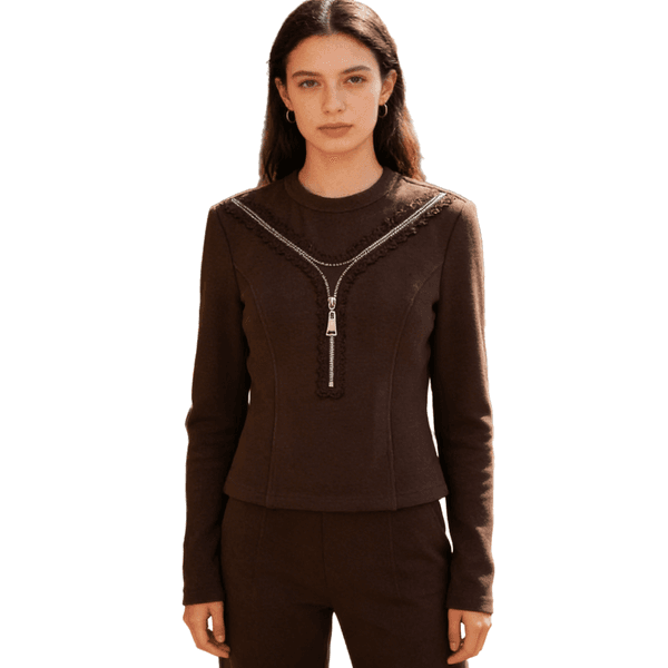 Women's Tops & Tees----Stylish Zipper-Accent Knit Top, Fitted Women's Long-Sleeve Casual Shirt---0961
