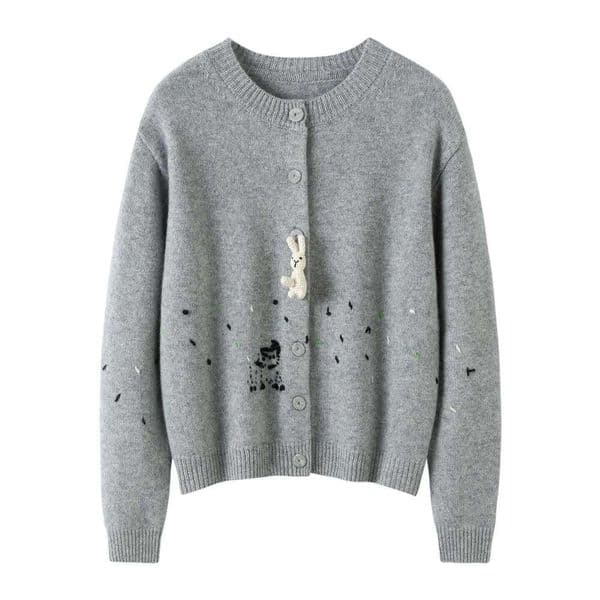 100% Pure Cashmere Coat, Hand-Embroidered Cartoon, Heavy Thick High-End Cardigan For Autumn And Winter Outerwear