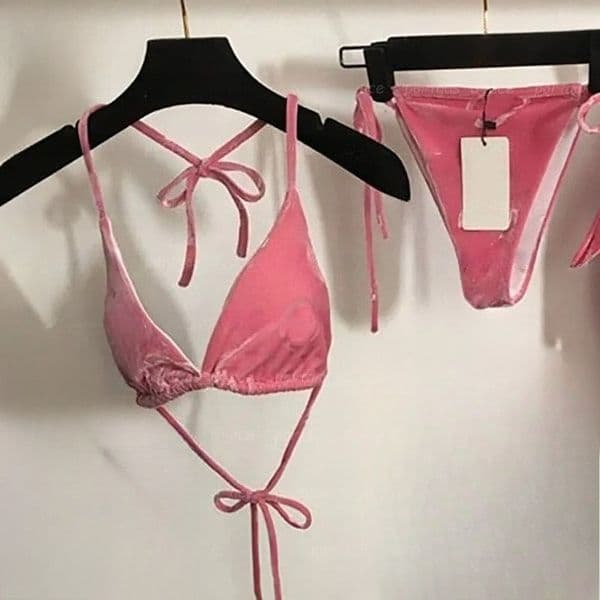 Letters Velour Bikinis Skirt Set Women Pink Bikini Swimwear Beach Holiday Swim Bra Briefs with Tie Charming Sexy Halter Split Bathing Suits