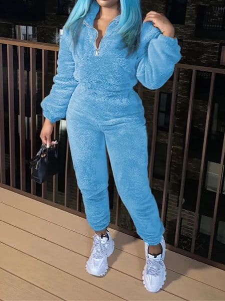 Winter Plush Two Piece Set Casual Home Warm Suit For Women Fashion Zipper Lapel Pullover Top Elastic Waist Trousers 251203BANJIA