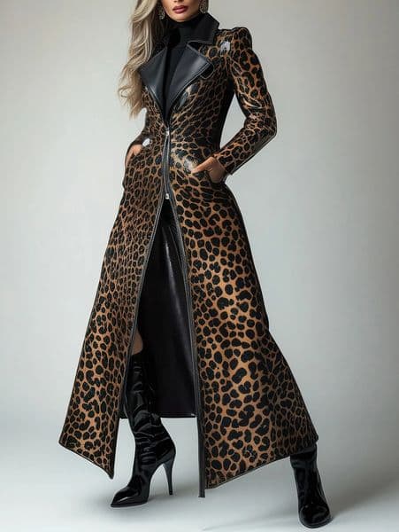 PU Leather Leopard Pattern Zipper Pocket Trench Coat 251215