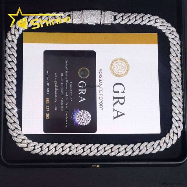Pass Tester Hip-Hop Jewelry 12mm Sterling Sier Men's Necklace Mosaic Inlaid Iced VVS Moissanite Cuban Chain