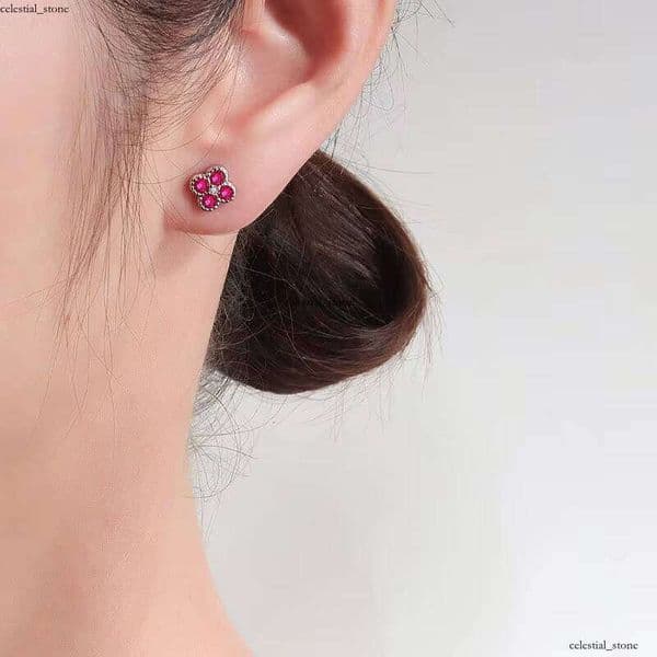 Daidan Women's Exquisite Multicolor VVS Moissanite Silver Stud Lucky Four-Leaf Clover Earrings