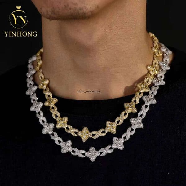 VVS Moissanite Luxurious Colorful Ice Out Necklace 925 silver 18K Four-leaf Clover Vvs Silicon Stone Cuban Chain