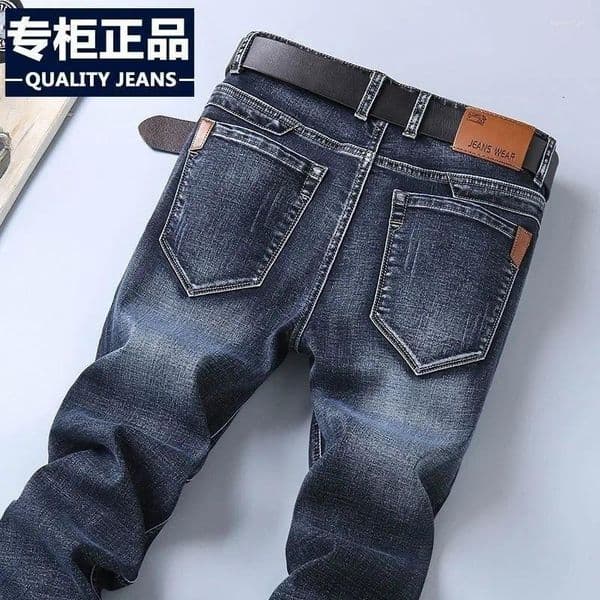 Men's Jeans Elastic Straight-Leg Business Versatile Large Size Middle-Aged And Elderly High-Waisted Denim Work Pants
