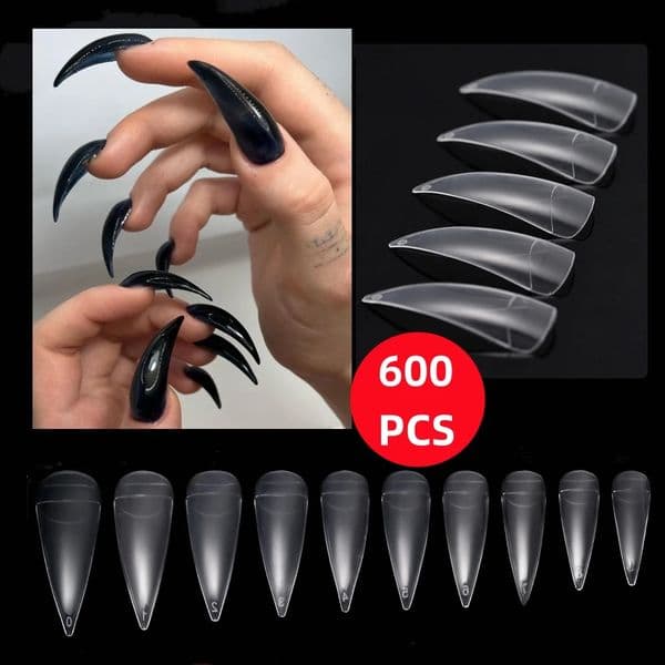 600Pcs Extra Long Hawk Curved Nail Tips Half Cover Eagle Claw Curve False Nails Extension 10 Sizes Bag Packaging for Art Salon 251216