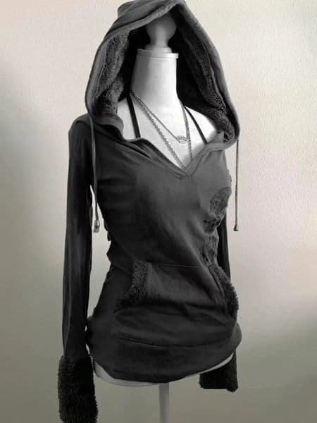 Y2K Retro Gray Pullover Lamb Wool Hooded Sweatshirt Women Clothes Harajuku Girl Slim Autumn Winter Goth Sexy Tops 251216