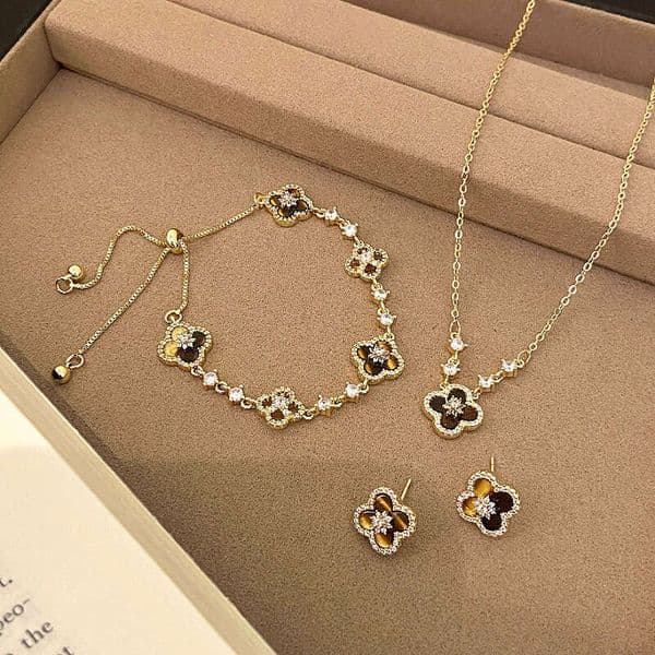 luxury Imitation Tiger Eye Stone Micro-Inlaid Zircon Necklace for Women Autumn Winter Design Sense Pull Bracelet Elegant Earrings