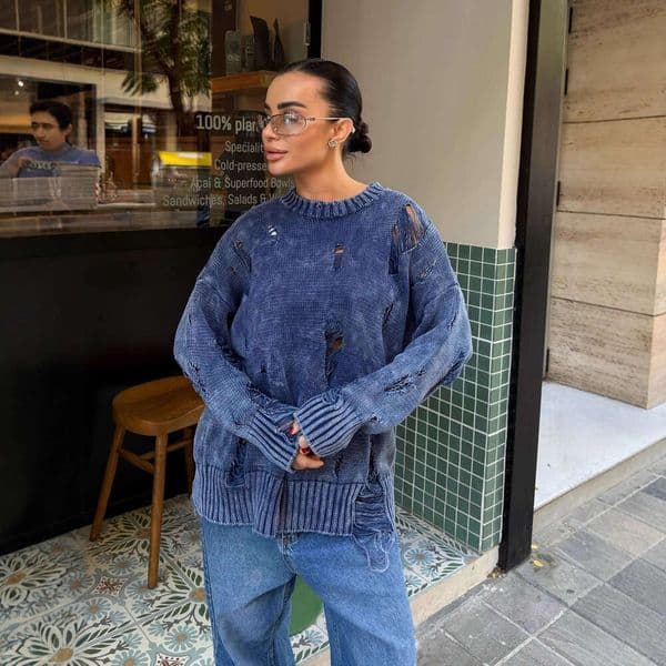 Round Neck Distressed Sweater For Women Trendy Autumn Winter New Loose Heavy Washed Vintage Versatile Knitwear B5