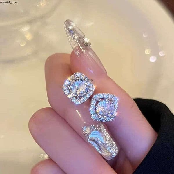 Exquisite Square Shiny VVS Moissanite Silver Banquet Party Alloy VVS Moissanite Geometric Stud Earrings