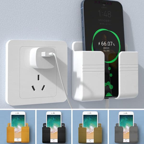 2Pcs/set Wall Mount Phone Holder Punch Free Wall Mobile Phones Charging Stand Lazy Sticky Remote Control Storage Box