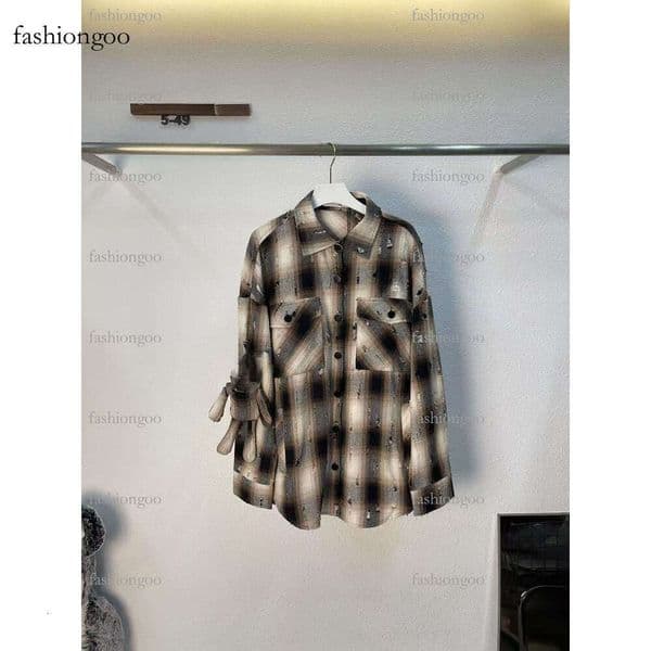 Fashion Women's Shirt Designer Style Spring and Autumn Outfit Distressed Design with Cute Doll Decoration Striped Plaid Print Style Top