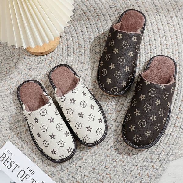 Designer high-quality autumn home leather slippers suitable for men and women couples, indoor soft-soled leather floor club slippers