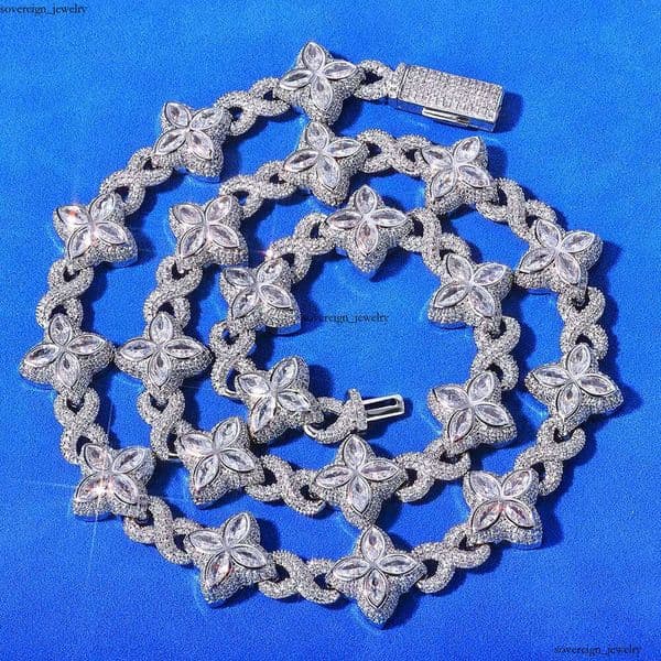 VVS Moissanite Trendy Blue Clover Boutique Jewelry Custom Iced GRA 925 Silver Men's Cuban Chain Gemstone Necklace