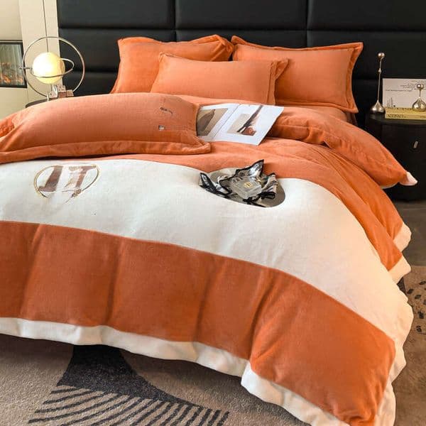 Light Luxury Style Winter Thickened Coral Milk Velvet Four-Piece Set Warm Double-Sided Fleece Duvet Cover Bed Sheet Bedding B2