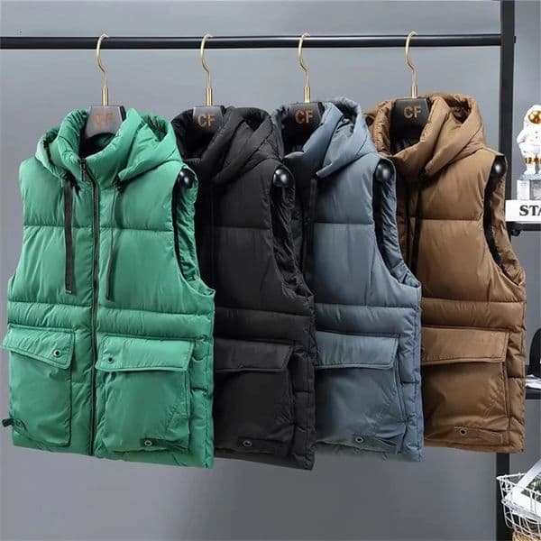Mens Hooded Vest Winter Zipper Warm Stand Collar Waistcoat Men Cotton Padded Sleeveless Jackets with Big Pockets 251217
