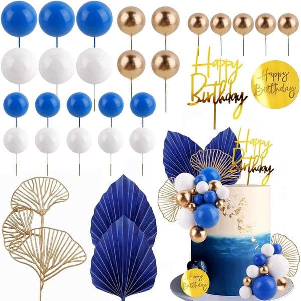Blue White Gold Ball Cake Toppers Balls Cupcake Toppers Cake Insert Decorations for Birthday Boho Wedding Baby Shower Party X251218