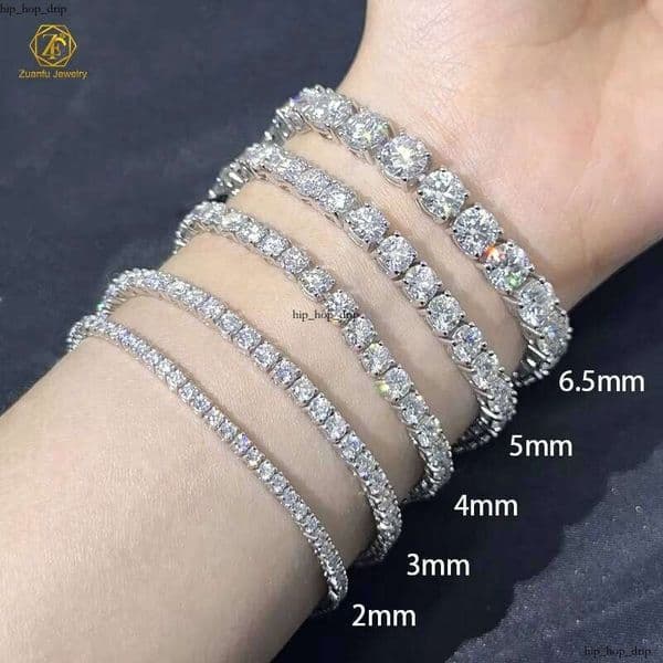 Large Stock 2mm-6.5mm Chain Hiphop Unisex Iced Out VVS Moissanite Silver 925 VVS Silicon Stone Tennis Bracelet