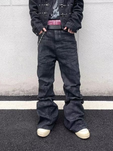 American Retro Y2K Streetwear Black Baggy Pleated Flared Jeans Pants For Men Clothing Gothic Rock Cotton Long Trousers 251212