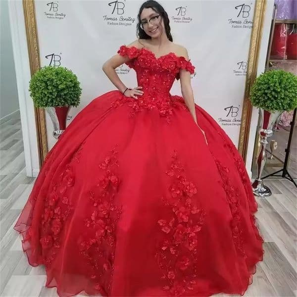 Ball Gown Quinceanera Dresses Glittering Red Cinderella 3D Flower Lace Off Shoulder Plus Size Customized Sweet 15 16 Birthday Party Gowns Vestidos De 15 Anos QD247