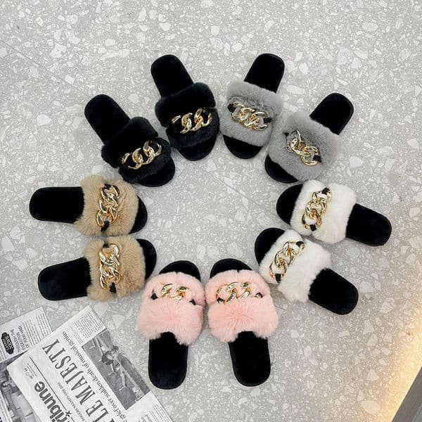 New Fashion Women's Fur Slippers One Word Home Interior Fur Tugboard Non slip Plush Cotton Slippers Designer Cotton Shoes