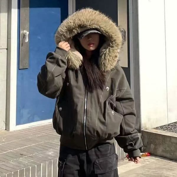 American Street Fur Collar Zipper Hooded Jacket Women Autumn Winter Retro Velvet Thickened Warm Fashion Loose Casual Jacket 251213