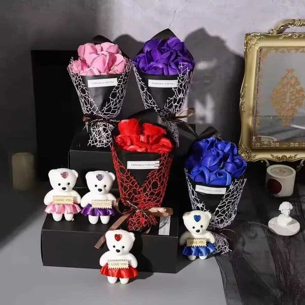 7 simulation rose bouquet bear gift box handmade fake flower bouquet Christmas birthday party gift home decoration X251218
