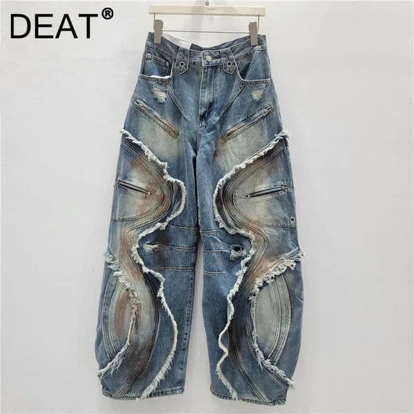 DEAT Autumn Fashion Patchwork Burrs Cargo Denim Pants For Women High Waist Loose Wide-leg Jeans Female Trendy 11A06257 251216