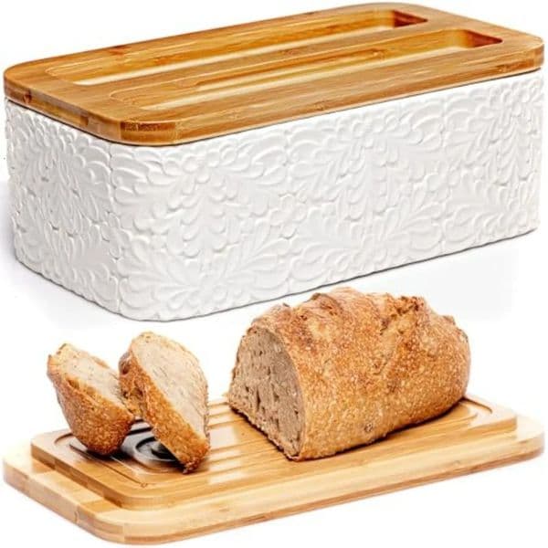 Engraved Ceramic Bread Box for Kitchen Countertop - Multipurpose Bread Storage Container with Thick Bamboo Cutting Board Lid - E 251213