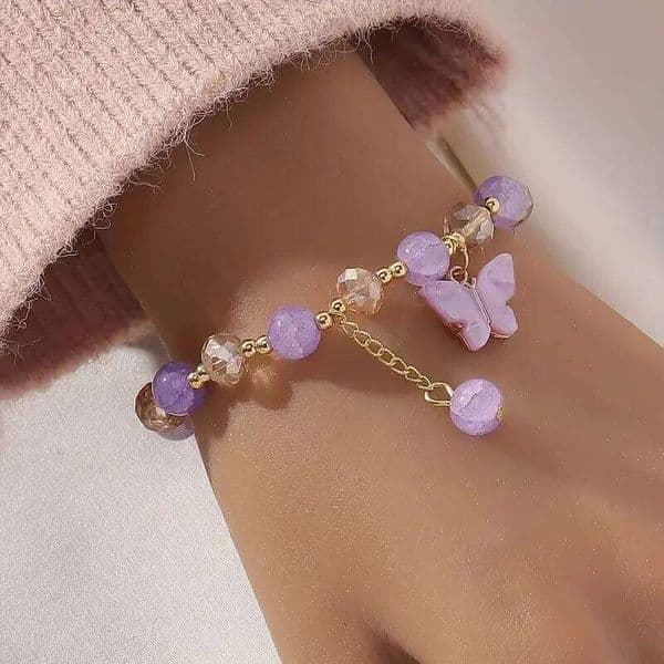 Purple Butterfly Beaded Stretch Bracelet For Women Multi Color Crack Faceted Beads Round Charm Cute Girls Jewelry Gift