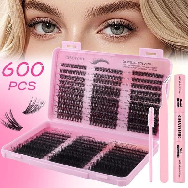 600 Clusters DIY Lashes Kit Thick Fluffy Dense & Slender DIY Individual Eyelashes Soft Lightweight Handmade Reusable Naturally D Curled Grafted Lashes