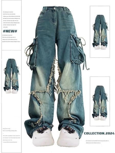 Women Blue Cargo Jeans Baggy Vintage 90s Aesthetic High Waist Cowboy Pants Harajuku Denim Trousers Y2k Trashy 2000s Clothes 251213