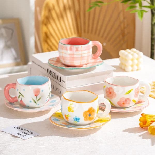 300ML Cute Hand Pinched Irregular Ceramic mug Flower Heart Pattern Coffee Cup Breakfast Milk tea cups Gift For Kids Girls 251218