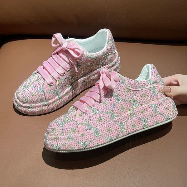 Designer Leather Lace Up Fashionable Flat Luxury Sports White Pink Women's Luxurious Rhinestone High-quality Casual Shoes