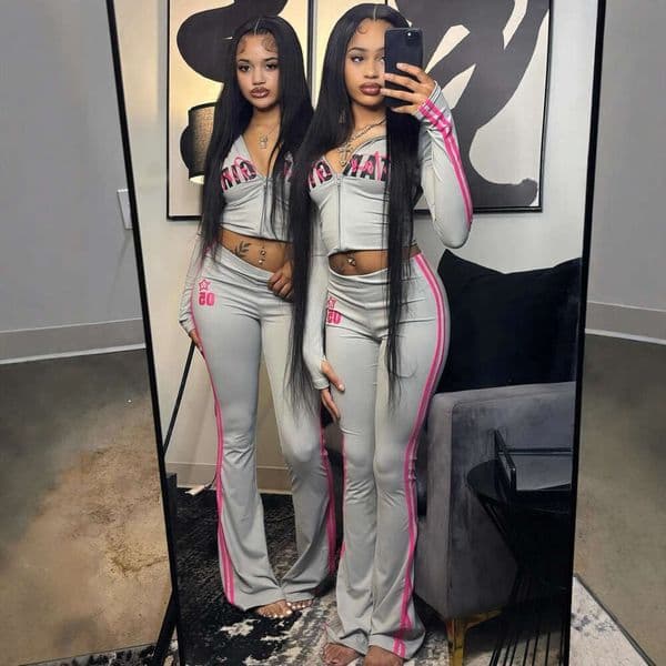 European And American New Fashion Casual Versatile Color-Block Retro Sports Style Printed Zipper Hooded Pants Set For Women B5