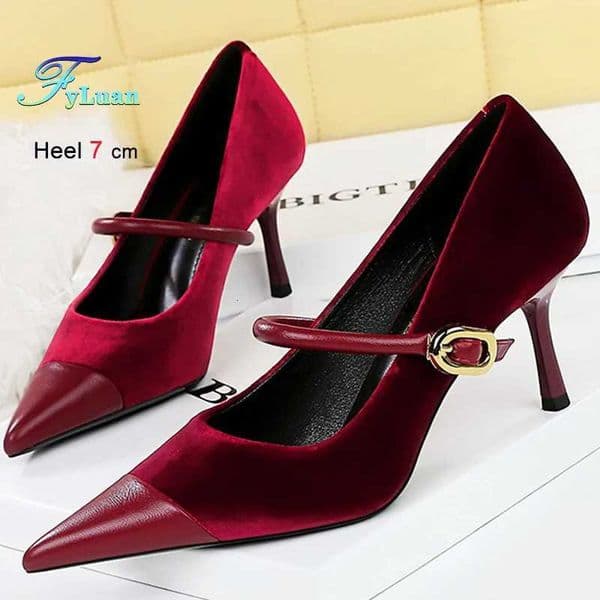 Black Green Blue Camel Wine-red Heels 7cm Womens Shoes Suede Pointed Shallow Mouth Pumps Straight Strap Stiletto Banquet Shoes Z251218