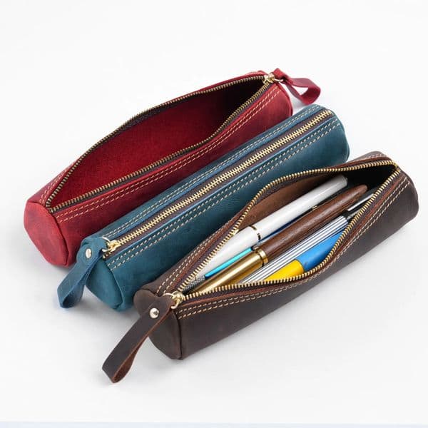 Genuine Leather Zipper Pen Case - Stylish Pencil Pouch for Students Office Travel - Compact Stationery Organizer Bag 251215BJ
