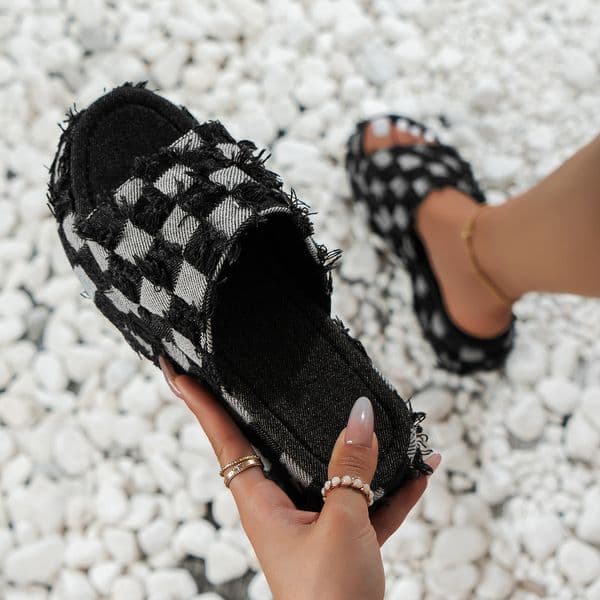 Free shipping designer new women denim platform slippers summer hot style checkered beach sandals large size 36-43 black blue Hot Sale