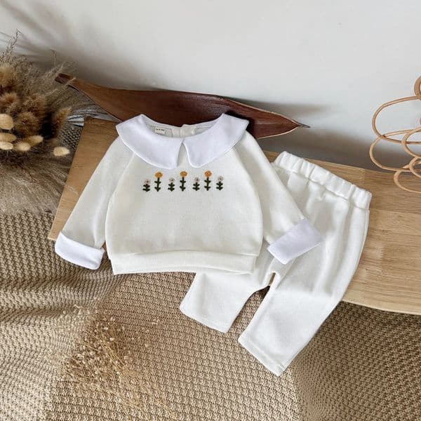 Baby Girl Cotton Set Fall Winter Small Flower Embroidered Lapel Sweatshirt Pants Children Daily Clothing Toddler Outfit 1-3 Year 251216