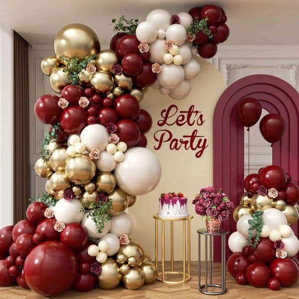 Burgundy Balloon Garland Arch Kit with Sand White Metallic Gold Balloons for Maroon Themed Bridal Shower Party Birthday Decor X251218