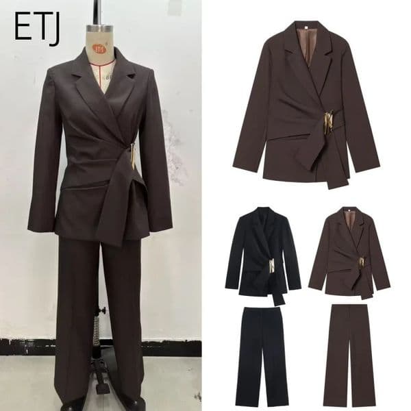 ETJ womens autumn and winter elegant fashion lapel with shoulder pad with button-up jacket straight trousers 251218