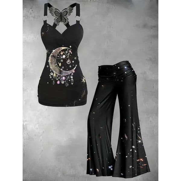 Casual Summer Two-Piece Set, Moon Print Butterfly Lace Ring Strap Top & Ruched Wide Leg Pants Outfits, Women's Clothing